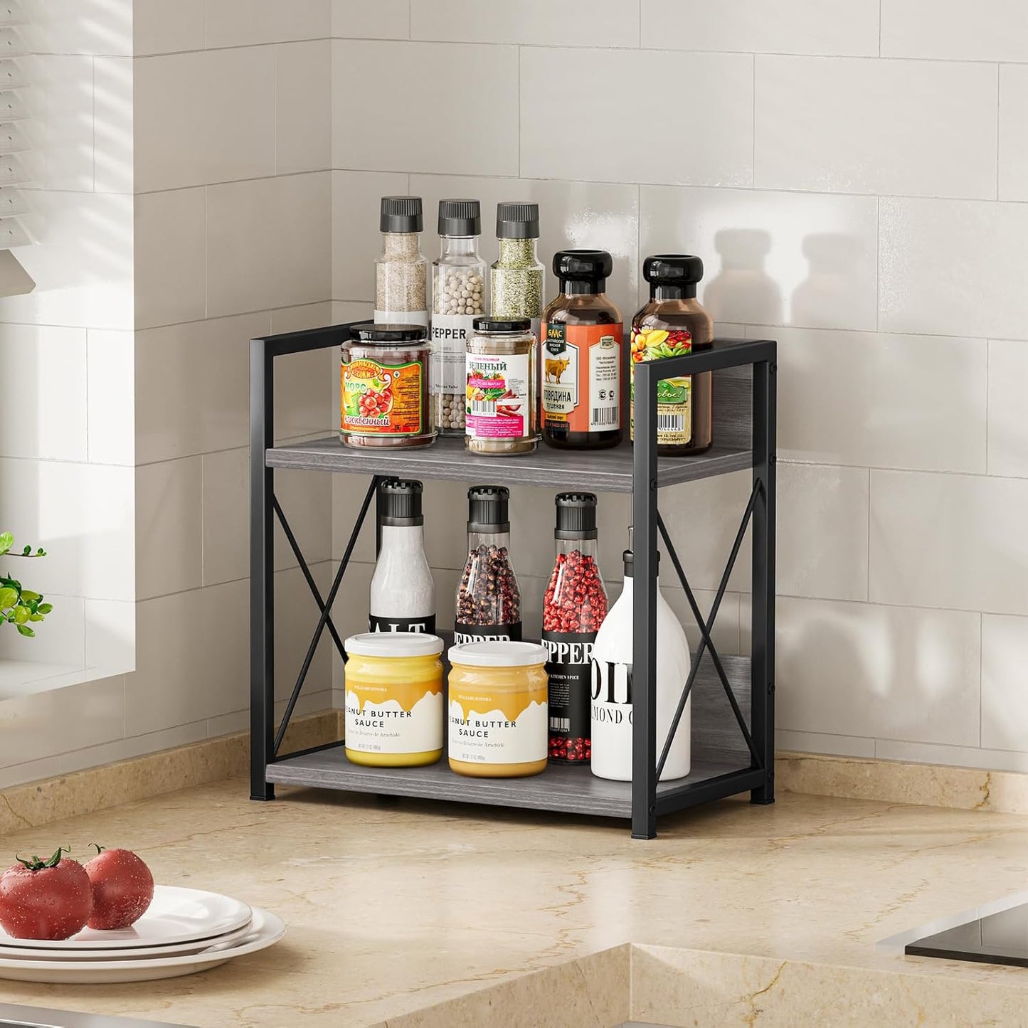Giikin Countertop Shelf Organizer, 2 Tier Kitchen Spice Rack for Countertop, Wood Coffee Counter Shelf Organizer for Home (Brown, S)