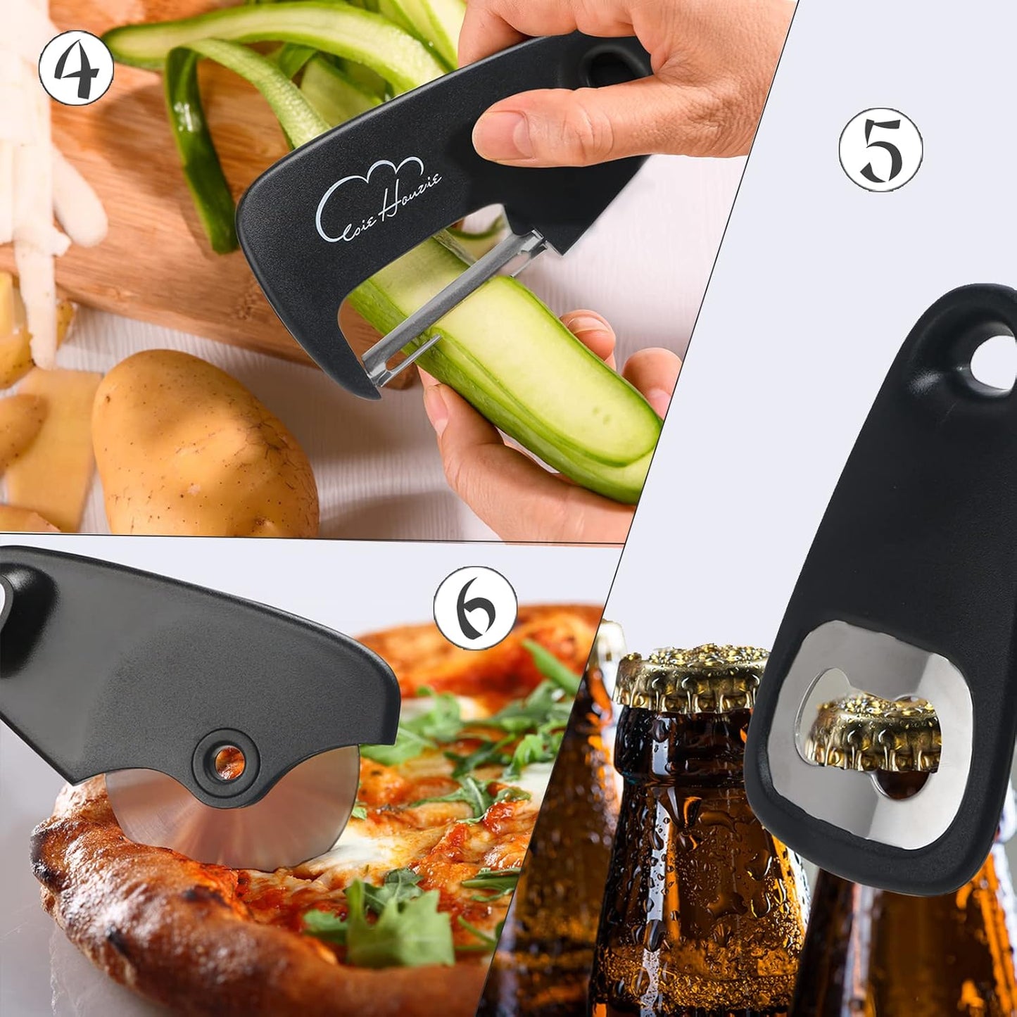 Kitchen Gadgets Set 5 Pieces, Space Saving Cooking Tools Kitchen Accessories - Fruit/Vegetable Peeler, Cheese/Chocolate Grater, Bottle Opener, Pizza Cutter, Garlic/Ginger Grinder Gift Set (Black)
