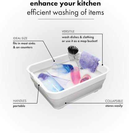 madesmart Collapsible Wash Basin, Foldable Sink Basin for Washing Dishes, Bowls, Cutlery & Produce, Space-Saving Pop-Up Design with Easy-Grip Handles, Portable Kitchen & Camping Basin, White