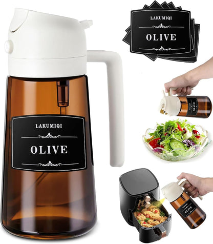 LAKUMIQI 2 in 1 Oil Sprayer for Cooking, 16oz Olive Oil Dispenser Bottle for Kitchen, Food Grade Light-Blocking Leak Proof Glass Spray Bottle for Salad, Air Fryer, BBQ