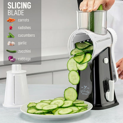 Zulay Kitchen Rotary Cheese Grater 5 Blade Cheese Shredder - Manual Hand Crank Cheese Grater With Reinforced Suction & 5 Interchangeable Drums - Easy to Use, Vegetable Chopper Round Mandoline Slicer - Colors B