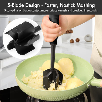 Ourokhome Meat Chopper and Potato Masher, Heat Resistant Nylon Ground Beef Smasher for Hamburger, 5 Curved Blades Nonstick Mixer & Stirrer, Practical Kitchen Gadgets, Black