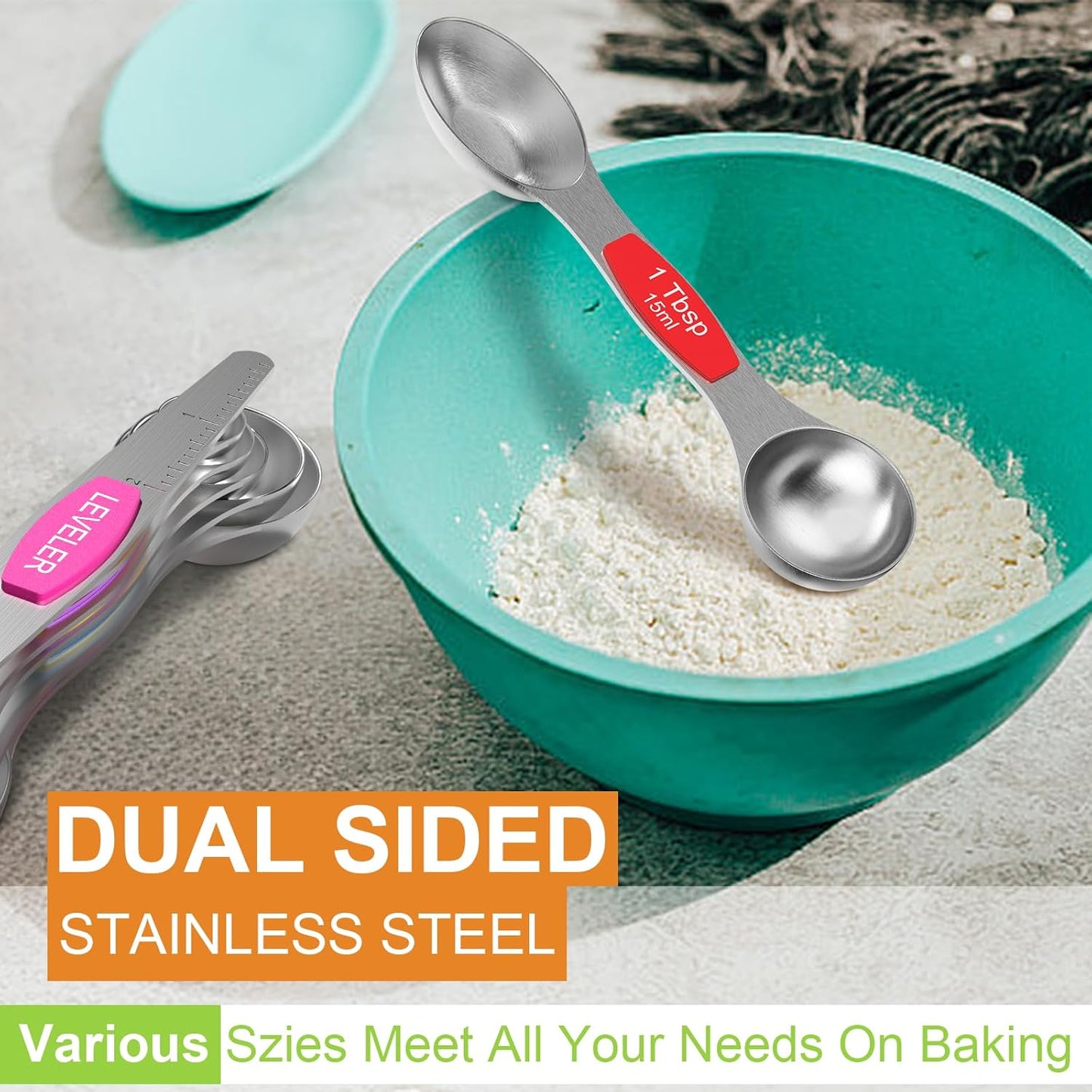 Wildone 14 Piece Stainless Steel measuring spoons Set, Including 8 Double Sided Magnetic, 1 Leveler and 5 Mini, for Dry and Liquid Ingredients, Fits in Spice Jar