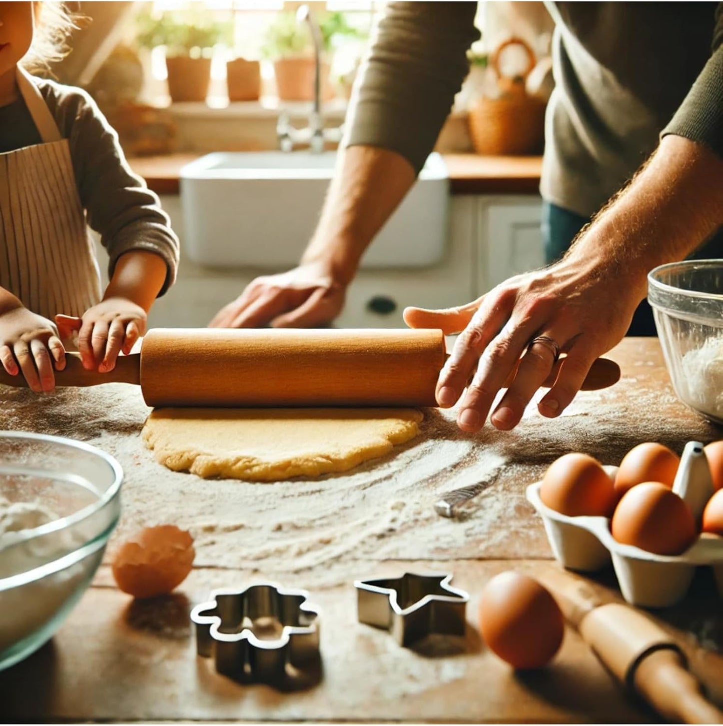 Classic Wooden Rolling Pin for Baking - 17-Inch Natural Beechwood Dough Roller with Easy-Grip Handles - Perfect for Bread, Pizza, Pastries, Cookies - Durable and Lightweight Kitchen Tool