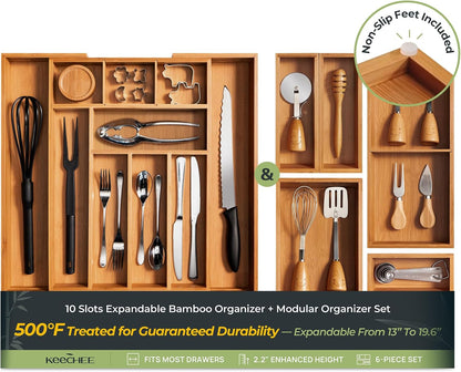 keechee Carbonized Bamboo Kitchen Drawer Organizer, 10 Slots Expandable Silverware Organizer, Utensil Holder & Cutlery Tray, 2.2" Deep for Extra Capacity, Non-Slip Feet Included