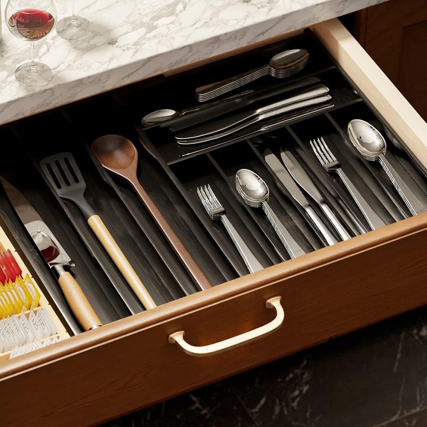 SpaceAid Bamboo Silverware Drawer Organizer with Labels, Kitchen Utensil Expandable Tray Holder Organizer for Flatware, Cutlery, Spoon and Knives Drawer Storage Organization (Natural, 10 Slots)