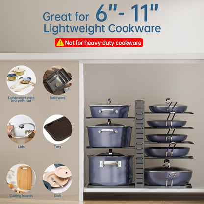 ORDORA Pots and Pans Organizer for Cabinet 16.61 Height, 8 Tier Pot Organizers Rack with 3 DIY Methods, Adjustable Pan Organizer under Cabinet Kitchen Organization and Storage