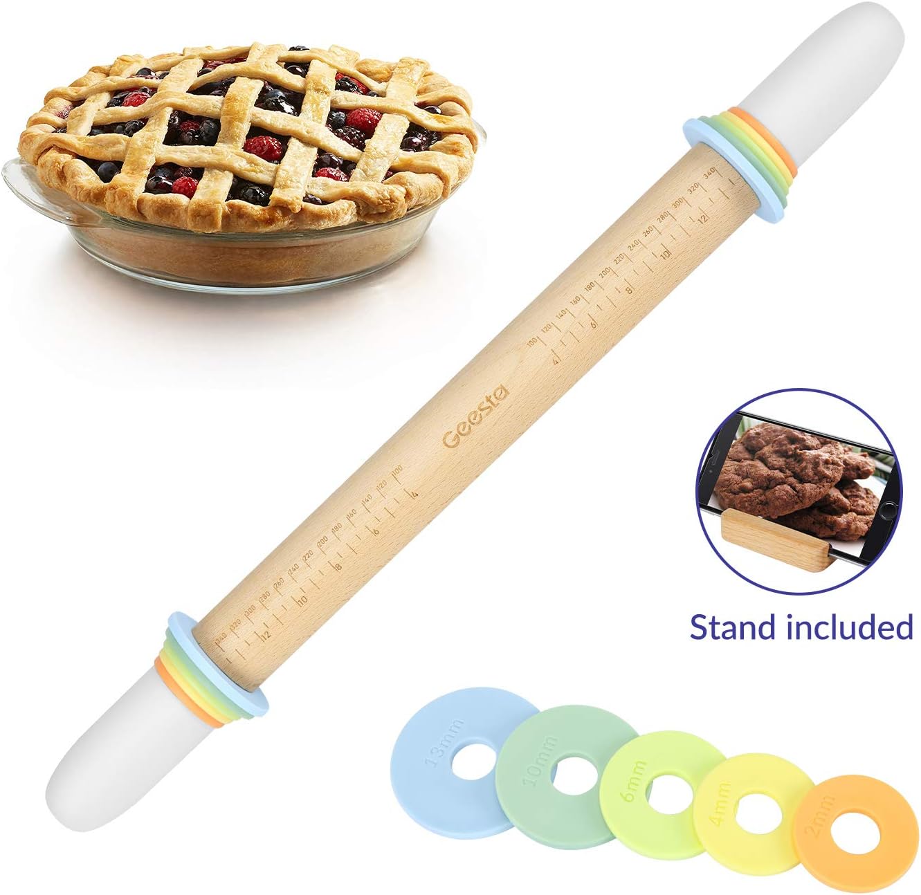 Geesta Adjustable Wood Rolling Pin with 5 Thickness Rings, Precise Dough Roller Handle Press Design with Measurement Guide for Fondant, Pizza, Pie Crust, Cookie, Pastry Baking Decorating Accessories