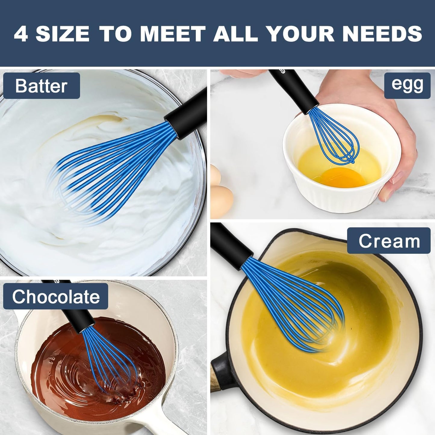 Whisks For Cooking - 500 °F Heat Resistant Silicone Whisk, Heavy Duty 7",9"&11inch Non-Scratch Balloon Kitchen Wisk tool Set, for cooking Wisking, Blending, Beating, Stirring, 3 Piece Black