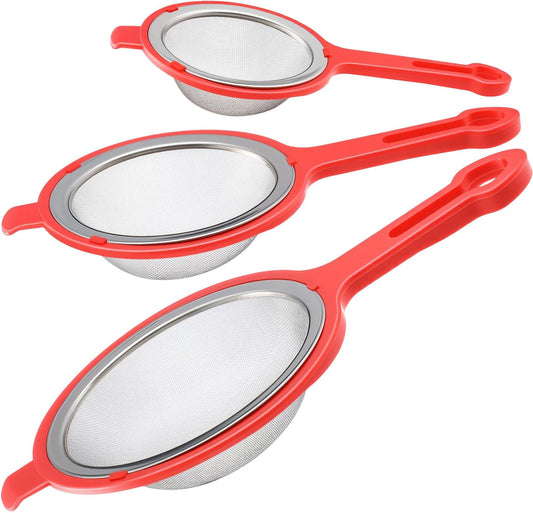 LemonRoad Set of 3 Stainless Steel Mesh Strainer 304 Fine Mesh Filters with Ergonomic Handles and Hanging Ears for Oil Filter Skimming Grease and Foam(White)