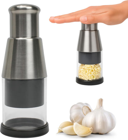 Pressed Garlic Chopper Stainless Steel, Mini Manual Masher Crusher, Multifunctional Handheld Pressure Choppers Aid, Hard Compact Mincing Dicer Press Purpose for Kitchen Food Vegetable Onion, Silver