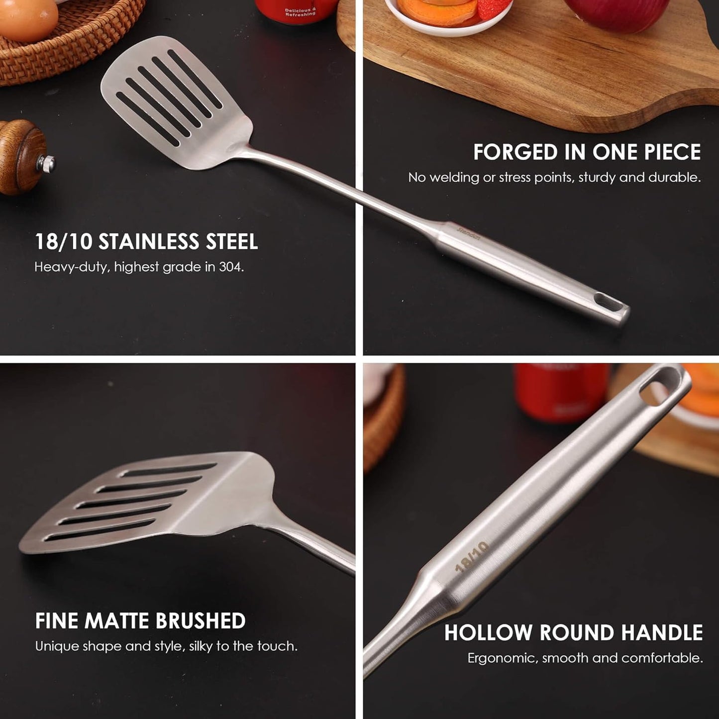 18/10 Stainless Steel Kitchen Utensils Set - 15” All Metal Cooking Tools, 11PCS - 2 Tongs, Fork, Solid Spoon, Slotted Spoon, Spatula, Soup Ladle, Skimmer, Slotted Spatula, Spaghetti Spoon, Large Spoon