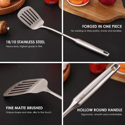 18/10 Stainless Steel Kitchen Utensils Set - 15” All Metal Cooking Tools, 11PCS - 2 Tongs, Fork, Solid Spoon, Slotted Spoon, Spatula, Soup Ladle, Skimmer, Slotted Spatula, Spaghetti Spoon, Large Spoon