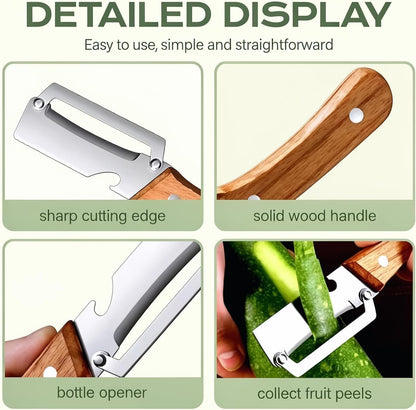 2-in-1 Multifunctional Vegetable Peeler with Wooden Handle & Stainless Steel Blade, Multifunctional Vegetable Peeler, Built-in Bottle Opener, Fruit & Vegetable Kitchen Peeling Tool (2Pcs)