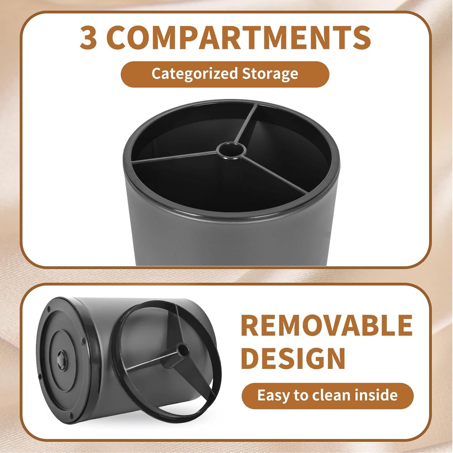 Nigelia Extra Large Kitchen Utensil Holder, 360° Rotating Stainless Steel Cooking Utensil Holder for Countertop, 3 Compartment Flatware Organizer & Cooking Caddy with Removable Base（Silvery）