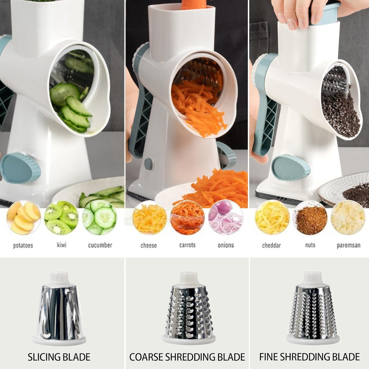 Cheese Grater Hand Crank Rotary Vegetables Shredder with Handle, 3-in-1 Graters with Interchangeable Blades and Non-slip Base Multifunctional Slicer for Kitchen