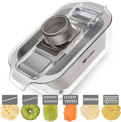 KEOUKE Transparent Multifunctional Mandoline Slicer - 6 Blades Interchangeable, Handheld Vegetable Cutter with Hand Guard for Kitchen, Onion, Garlic, Safe Food Slicer