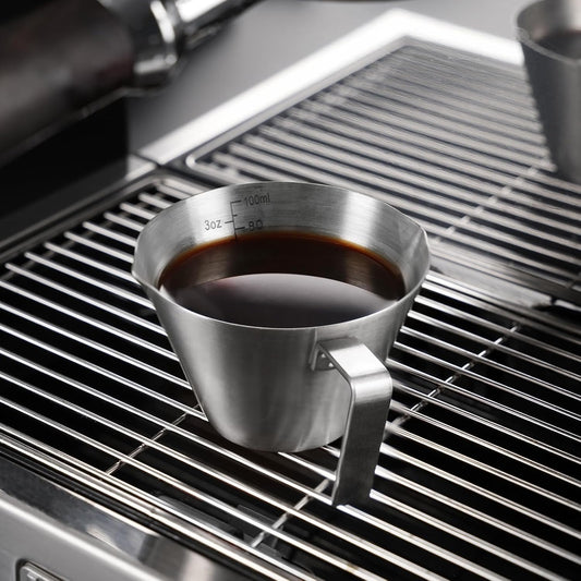 YARRAMATE 2 Pcs Espresso Cups with Handle, Stainless Steel Espresso Accessories, Double Spout Metal Measuring Cup with Dual Scale, Espresso Shot cup with V-Shaped Mouth, 3.4OZ/100ML(Silver)