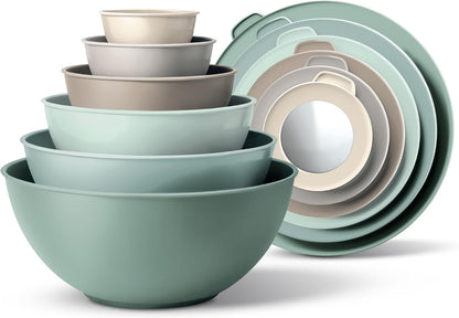 COOK WITH COLOR Mixing Bowls with Lids - 12 Piece Plastic Nesting Bowls Set includes 6 Prep Bowls and 6 Lids, Microwave Safe Mixing Bowl Set, Sage Embossed - Colors B
