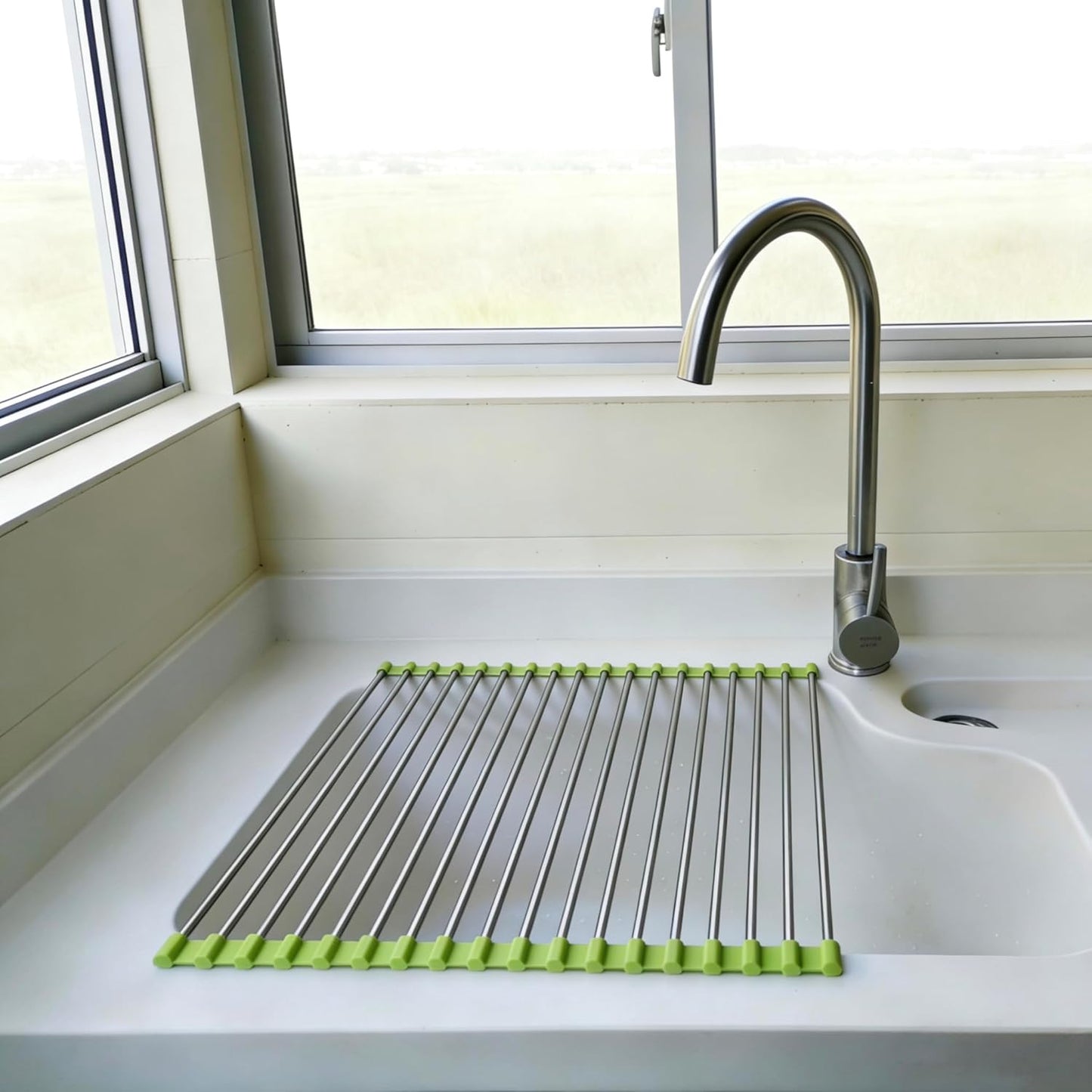 Roll Up Dish Drying Rack, Stainless Steel and Silicone Dish Drying Mat Over The Sink Foldable Drain Rack Multipurpose Dish Drainer for Kitchen, 14.5” x 14”, Gray