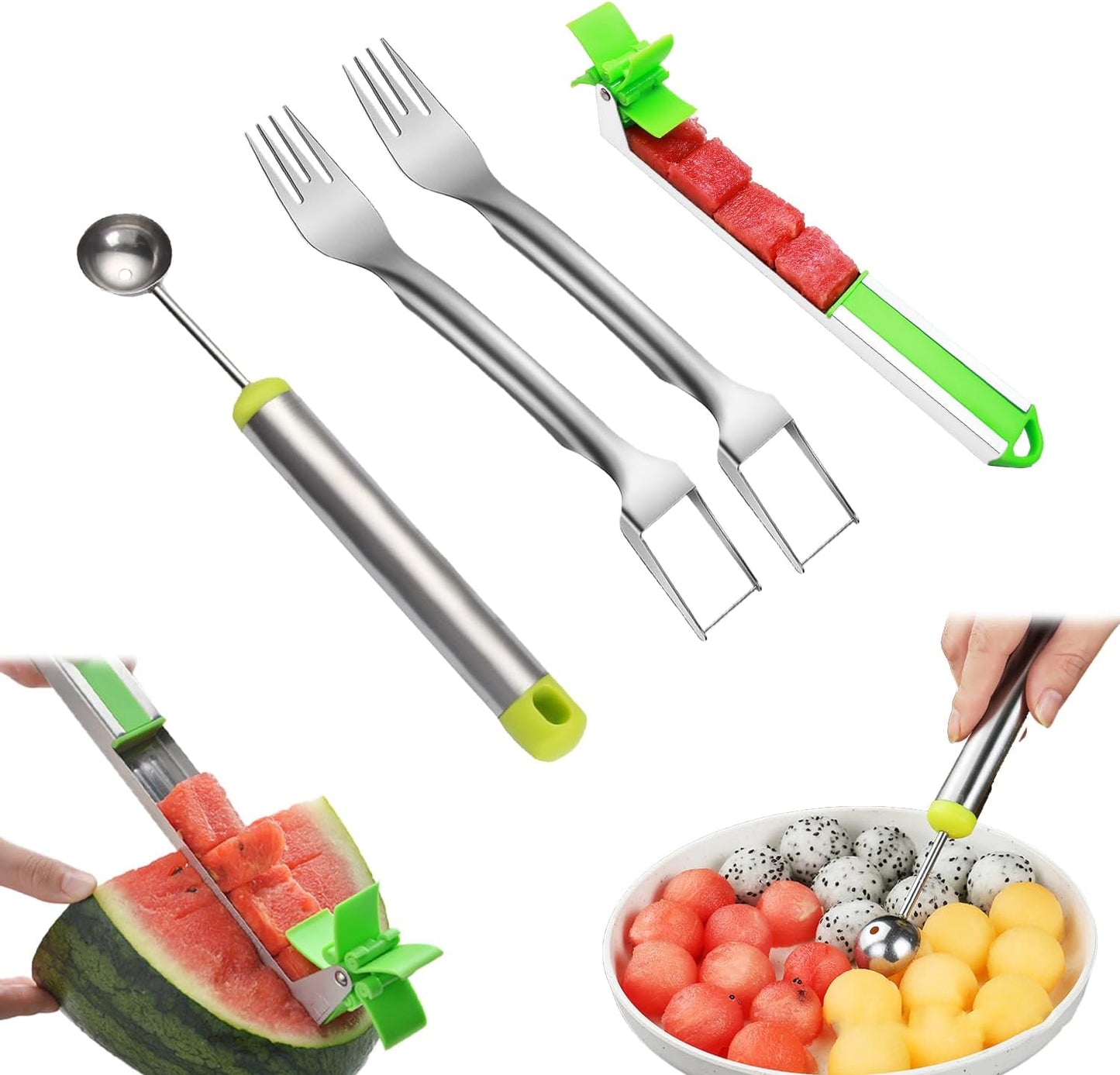 2PCS Watermelon Fork Slicer Cutter，Watermelon Fruit Tools with Melon Baller Scooper, Abnaok Stainless Steel 2-in-1 Watermelon Fork Knife, Portable Dual Head Fruit Forks for Home Party Kitchen Gadget