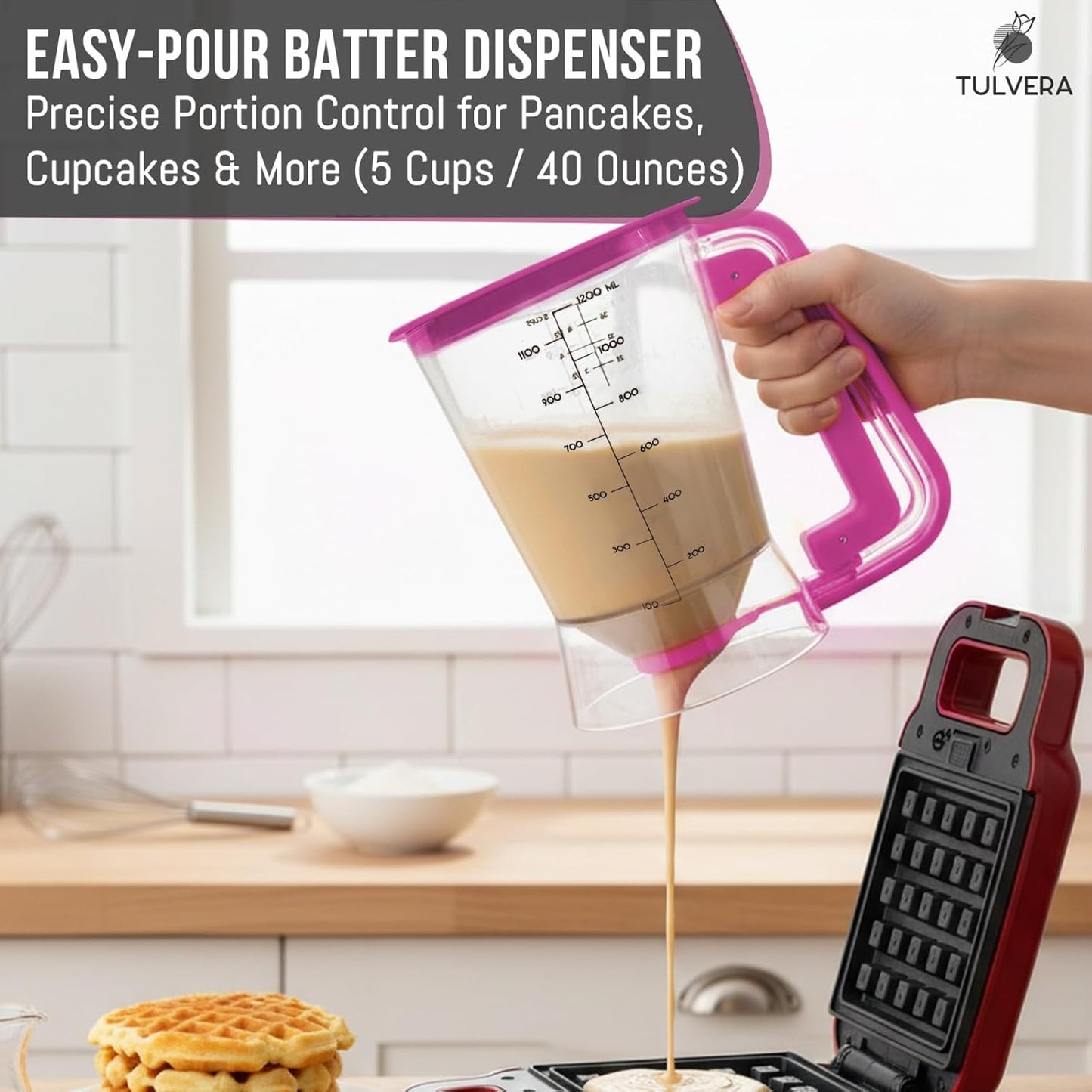Pancake Batter Dispenser | 5-Cup Mix Pourer for Pancakes, Waffles, Crepes, Muffins, Cupcakes | Squeeze Handle, Portion Control Pitcher, Durable Drip-Free Design | Baking Accessories (Original Black)