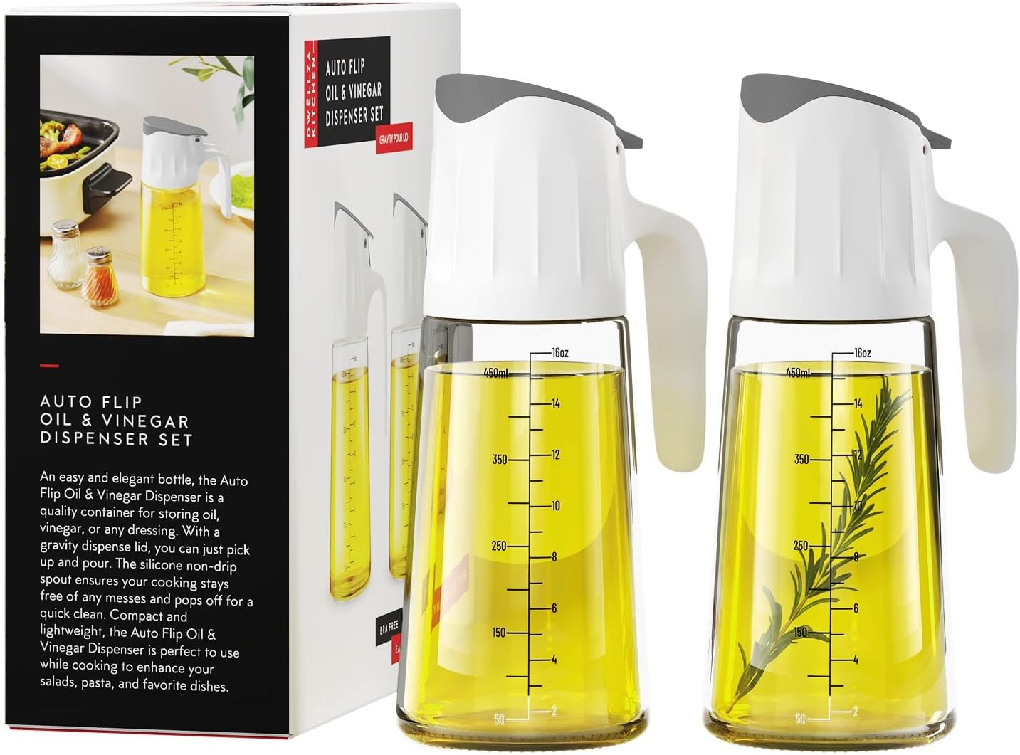 DWËLLZA KITCHEN Olive Oil Dispenser Bottle For Kitchen Set 6 oz Sprayer For Cooking and Glass 17 Oz. Cooking Pour Dispenser With Measurements for Cooking, Airfryer, Salad & BBQ