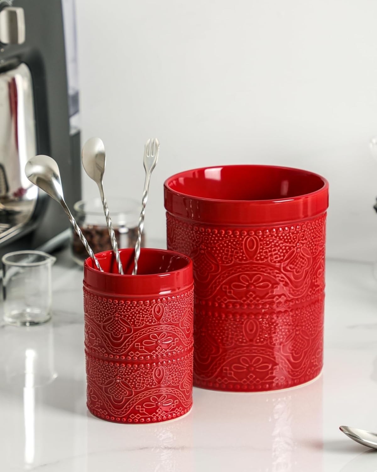 FUN ELEMENTS Kitchen Utensil Holder, 7.2" Super Large Utensil Crock Heavy and Stable Lace Emboss Ceramic Utensil Holder for Kitchen Counter (Bright White)