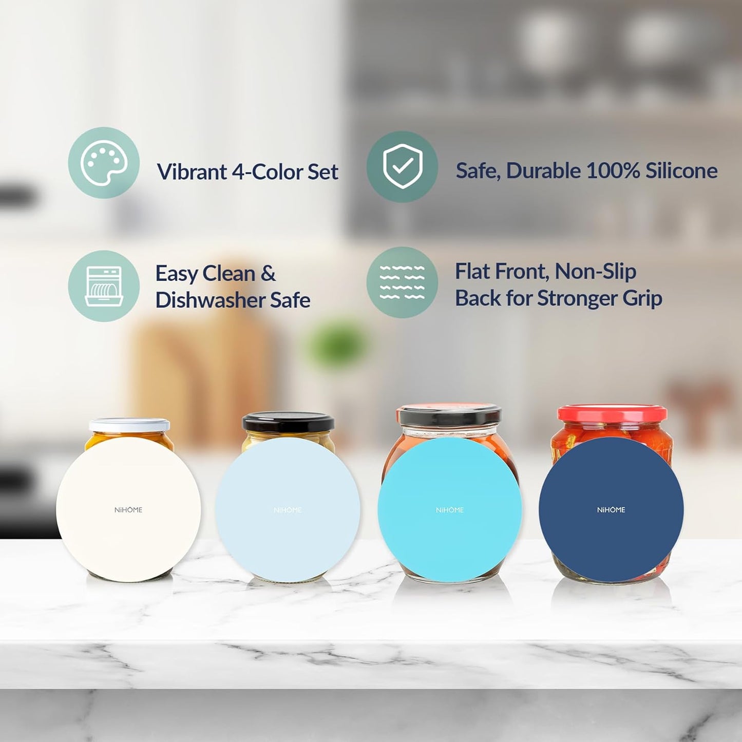 NIHOME Silicone Jar Opener – 6 Inch Large Anti-Slip Grip Pads, Premium 100% Food-Grade Silicone, Stylish Designer Colors, Multi-Purpose Heat-Resistant Mat & Coaster, Set of 4