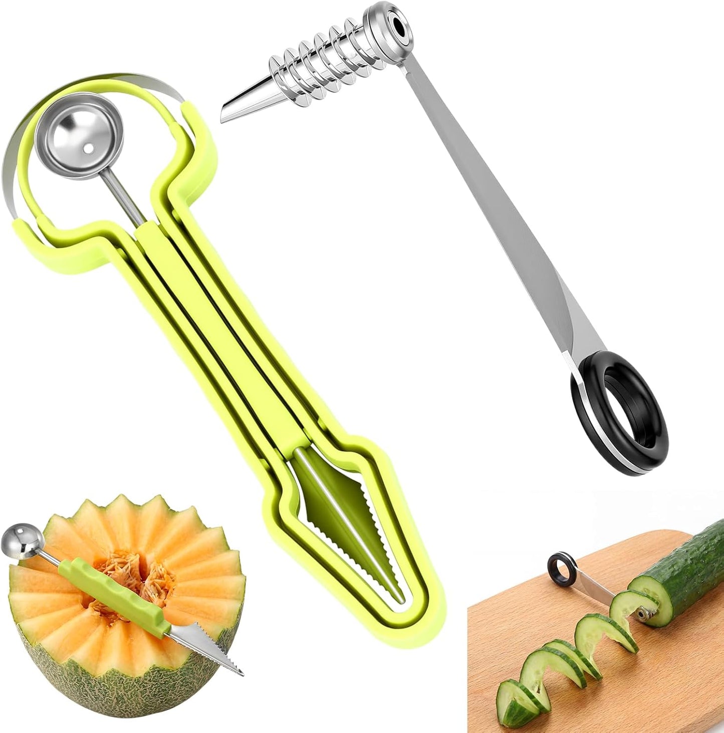 Kitchen Spiral and Melon Baller Scoop Set 4 in 1 Stainless Steel Fruit Scooper Seed Remover Cutter Vegetable Spiral Cutter for Potatoes, Cucumbers, Carrots, Kitchen Food Decoration Tools