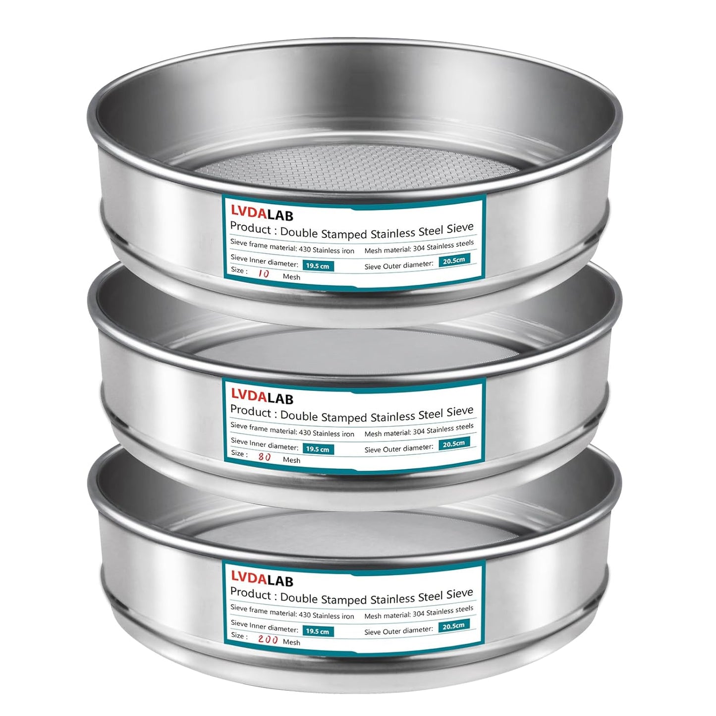 3 Pack 304 Stainless Steel Mesh Lab Sieves, 200mesh 0.075mm, 80 Mesh 0.2mm, 10 Mesh 2mm Aperture Test Sieve,7.9in/20cm Dia Economy Test Sieve for Industrial Laboratory Homes