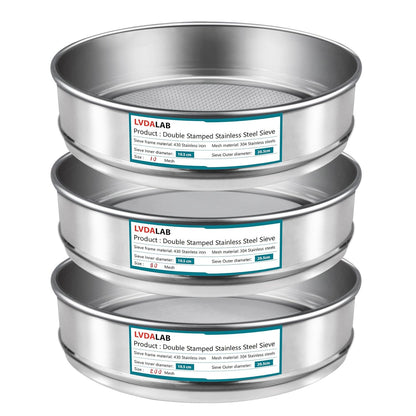 3 Pack 304 Stainless Steel Mesh Lab Sieves, 200mesh 0.075mm, 80 Mesh 0.2mm, 10 Mesh 2mm Aperture Test Sieve,7.9in/20cm Dia Economy Test Sieve for Industrial Laboratory Homes