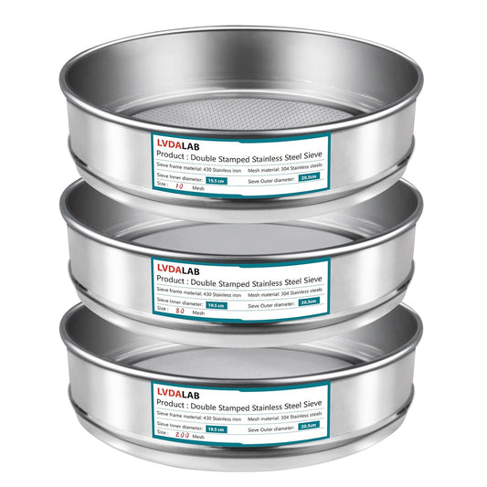 3 Pack 304 Stainless Steel Mesh Lab Sieves, 200mesh 0.075mm, 80 Mesh 0.2mm, 10 Mesh 2mm Aperture Test Sieve,7.9in/20cm Dia Economy Test Sieve for Industrial Laboratory Homes