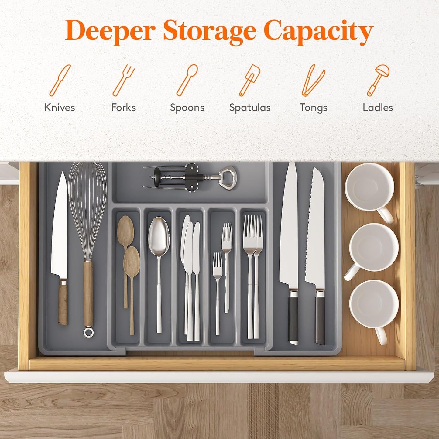 Lifewit Silverware Drawer Organizer, Expandable Utensil Tray for Kitchen, BPA Free Flatware and Cutlery Holder, Adjustable Plastic Storage for Spoons Forks Knives, 11-18 x 14", Black