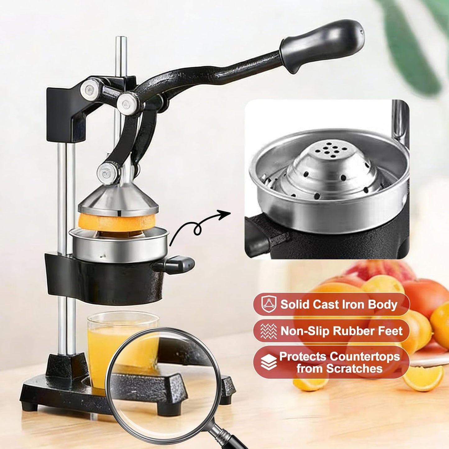 Cast Iron Citrus Juicer Hand Press, Heavy Duty Manual Orange Juicer Squeezer with 304 Stainless Steel Cup & Strainer, Lemon Grapefruit Pomegranate Press, Grey