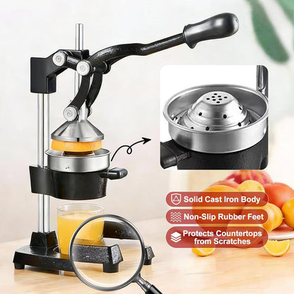 Cast Iron Citrus Juicer Hand Press, Heavy Duty Manual Orange Juicer Squeezer with 304 Stainless Steel Cup & Strainer, Lemon Grapefruit Pomegranate Press, Grey