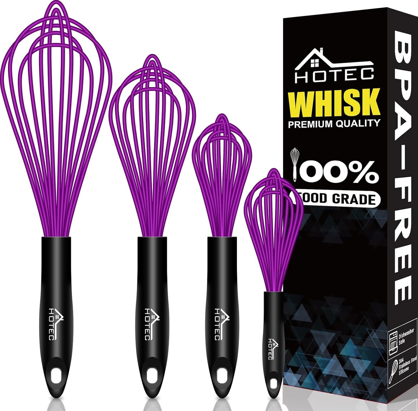 HOTEC 4 Pieces Silicone Whisks Set, Wire Balloon Whisks for cooking Egg Beater, Non-slip Handle Whisk for Non-stick Cookware Perfect for Cooking, Stirring, Beating and Blending (Multicolor)