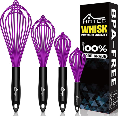 HOTEC 4 Pieces Silicone Whisks Set, Wire Balloon Whisks for cooking Egg Beater, Non-slip Handle Whisk for Non-stick Cookware Perfect for Cooking, Stirring, Beating and Blending (Multicolor)