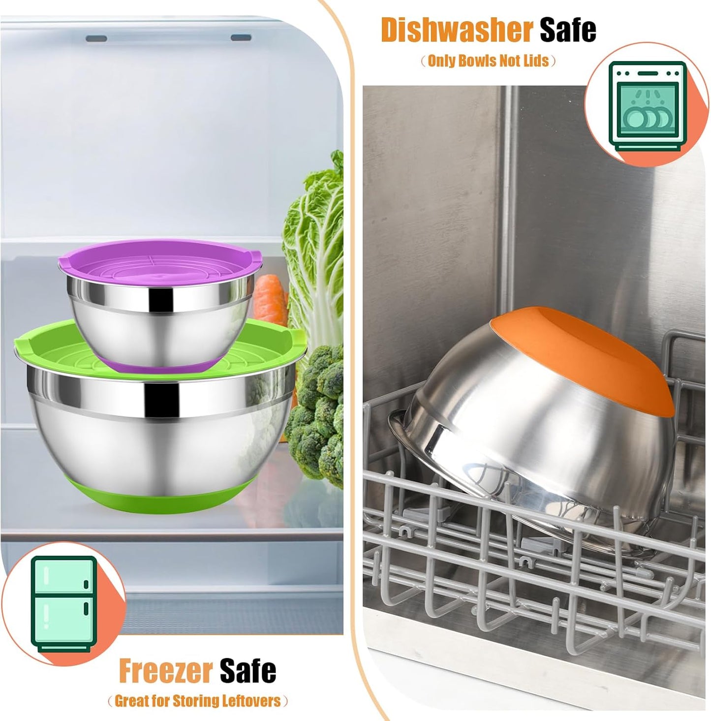 P&P CHEF Mixing Bowl with Lid Set, 5 Piece Stainless Steel Mixing Nesting Bowls for Salad Storage, 3 Grater Attachments & Non-Slip Bottoms, Size 1/1.5/2 / 2.6/4.6 QT, Multicolor