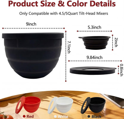 Silicone Bowl Liner for KitchenAid Mixer 4.5/5QT, Collapsible Mixing Bowl Insert with Airtight Lid, Food Grade Silicone KitchenAid Stand Mixer Bowl Liner, Heat Resistant, Dishwasher Safe, 1 (Black)