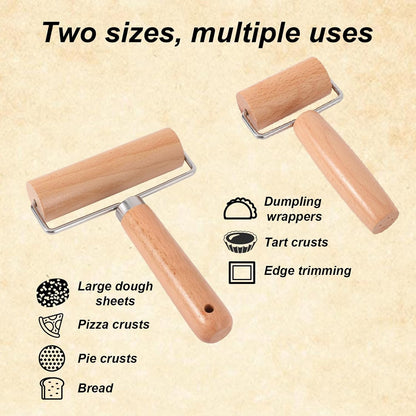 2pcs Hand Wooden Pastry Roller, 2 Size Non-Stick Small Mini Rolling Pins for Pizza Dough Pastry Bread Tortilla Cookies Pie Dumplings Easy Clean Kitchen Baking Tools for Home Cooking