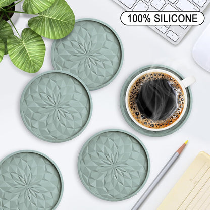 ME.FAN Silicone Coasters with Holder,[6 Pack] Drinking Coasters - Cup Mat for Hot or Cold Drinks, Thickened, Non-Slip, Non-Stick,Deep Tray Black