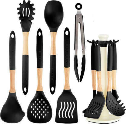 Kitchen Utensils Set - 34 PCS Non-Stick Silicone Cooking Utensils Set Spatula Set with Holder, Wooden Handle Spoon,Brush,Whisk Kitchen Gadgets Tools Set for Nonstick Cookware (Cream White-34P)