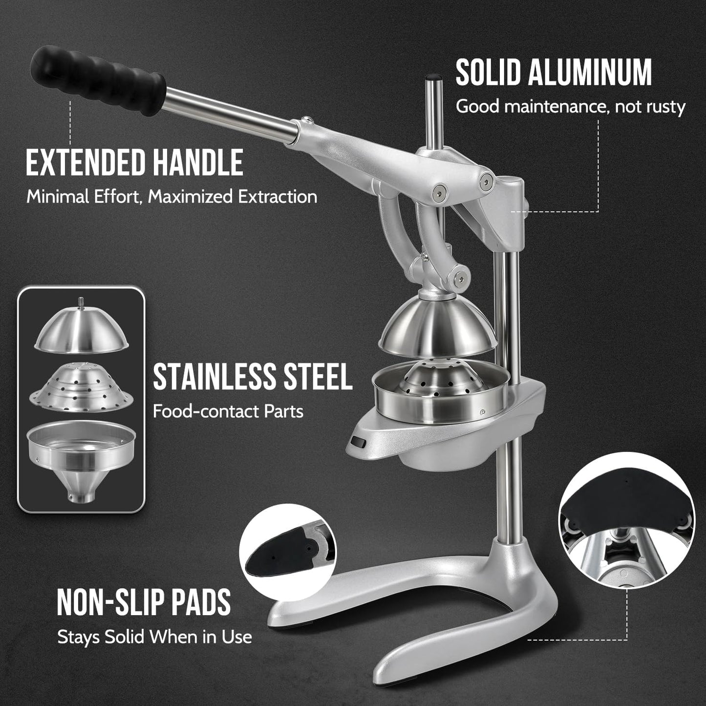 Manual Juicer, Sopito Heavy-Duty Effortless Orange Squeezer Safety Countertop Stainless Steel Hand Press Juicer for Citrus Lemon Lime Grapefruit, Easy to Clean