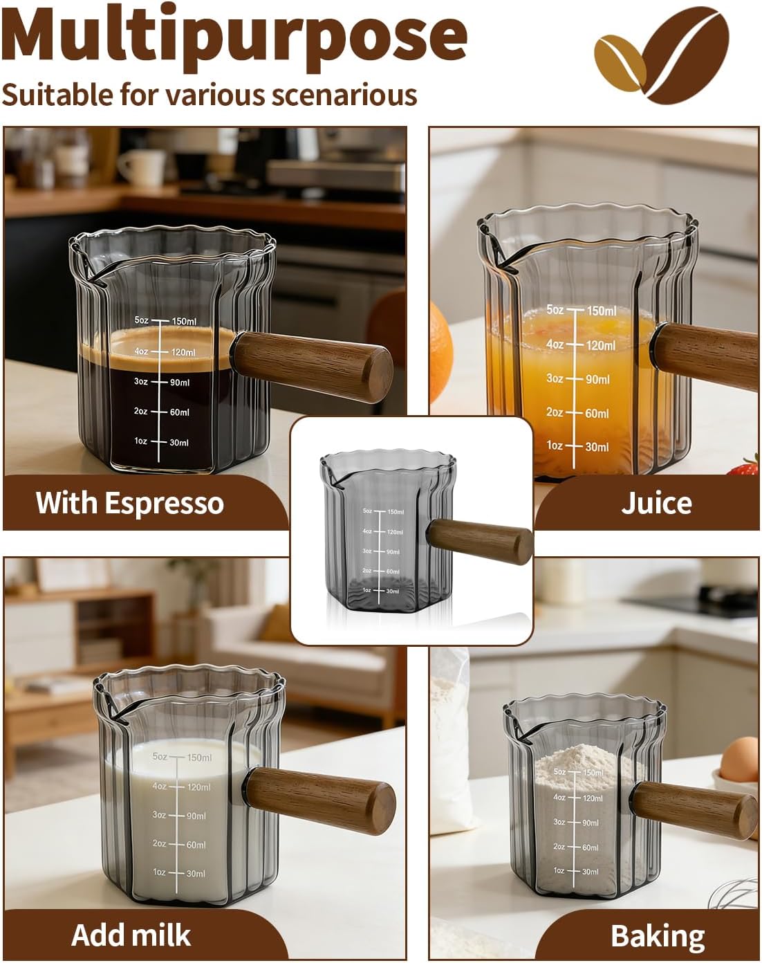 Espresso Measuring Cup 6 Oz, Espresso Glass Cups with Wood Handle, Milk Frothing Cup, Espresso Cup for Coffee, Milk, Tea or Maple Syrup Serving