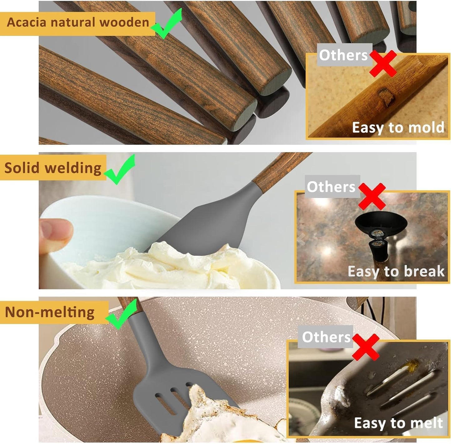 Silicone Cooking Utensil Set, Umite Chef 8-Piece Kitchen Utensils Set with Natural Acacia Wooden Handles,Food-Grade-Silicone Kitchen Gadgets Spatulas Set for Nonstick Cookware- Black