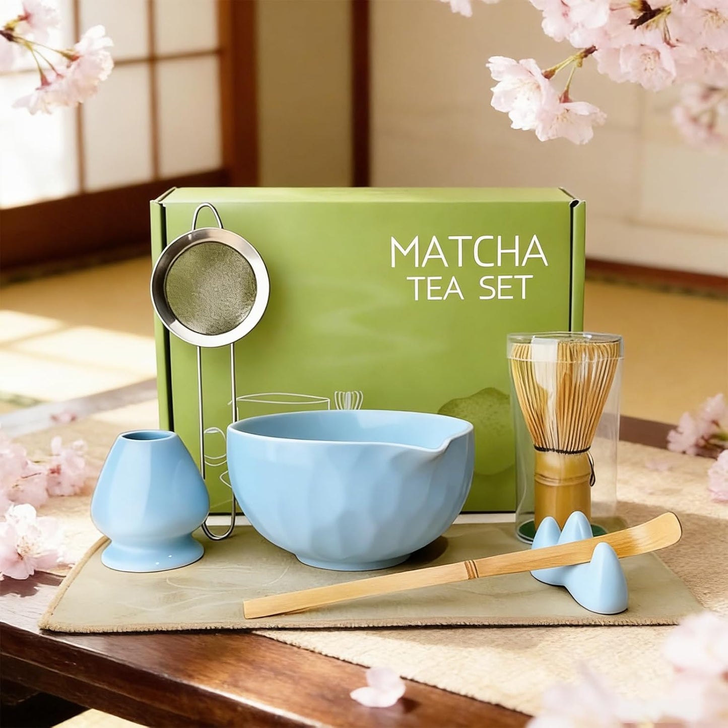 Matcha Whisk Set – Ceramic Matcha Bowl with Pour Spout, Bamboo Whisk, Whisk Holder, Scoop, Sifter – Japanese Matcha Kit for Beginners (Pink)