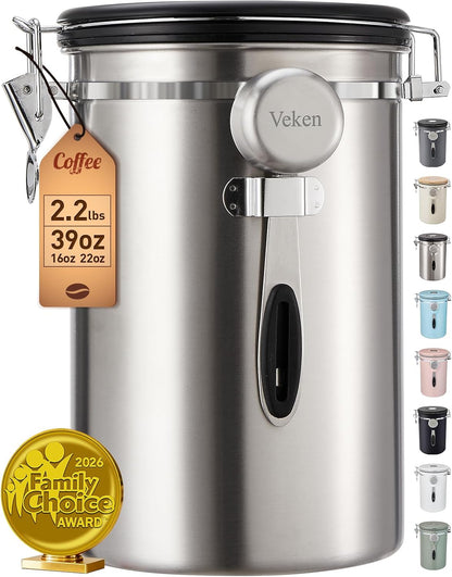 Veken Coffee Canister, Airtight Stainless Steel Kitchen Food Storage Container with Date Tracker and Scoop for Beans, Grounds, Tea, Flour, Cereal, Sugar, Cookie, 16OZ, Cream