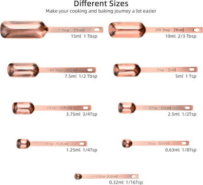 Measuring Cups and Spoons Set, Copper Measuring Cups and Spoons Set for Dry & Liquid, Metric&US 7 Stainless Steel MeasureR Cup&9 Spoon Leveler & Measure Enquivalents for Kitchen & Baking
