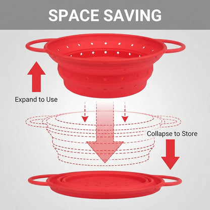 Collapsible Silicone Colander with Handles, Round Strainer with Stainless Steel Rim, Space Saving Kitchen Tool for Fruits & Vegetables,BPA-Free,Heat-Resistant Pasta Drainer(White, L)